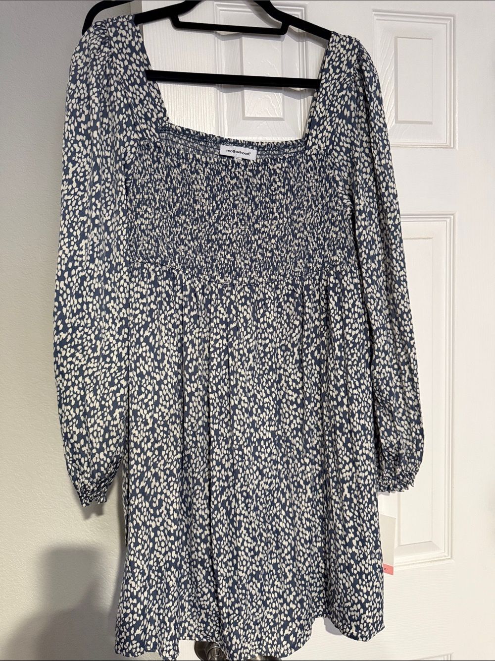 Motherhood square next Navy and cream Long Sleeve Smocked Maternity Dress